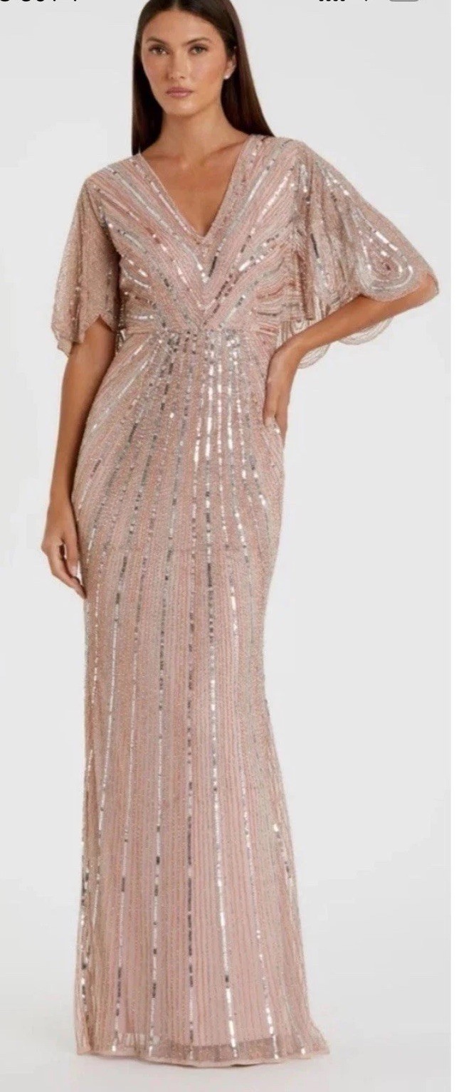 Mac Duggal Pink Sequin Mesh V-Neck Cape Sleeve Zip Maxi Dress Formal size 6