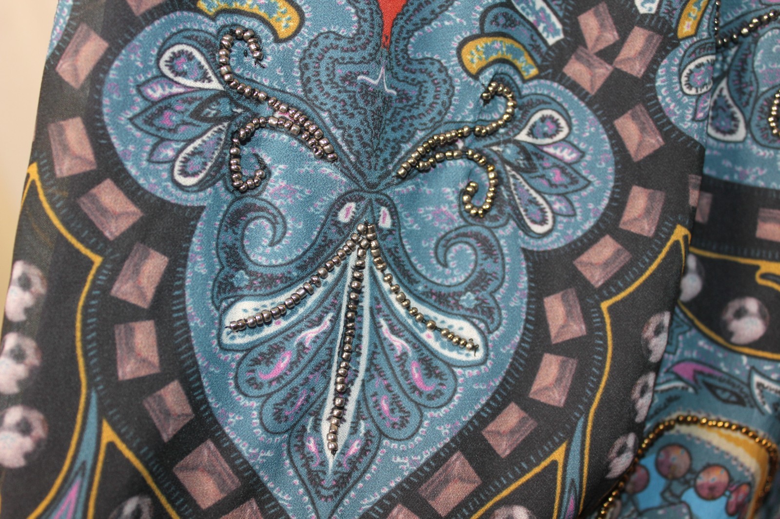 NIZA Spain Blue Paisley Shift Dress Beaded Bohemian Ruffle Sleeve Tunic Size 10