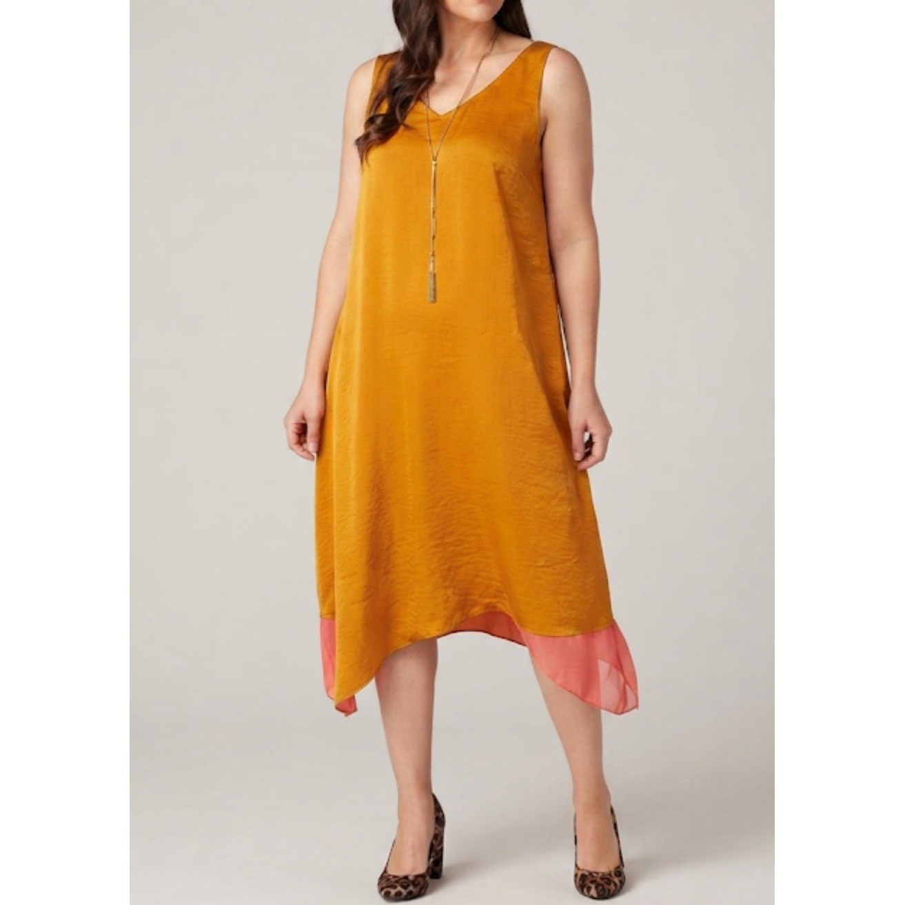 LOGO Lori Goldstein Mustard Yellow Asymmetrical Layered Midi Dress Womens XL