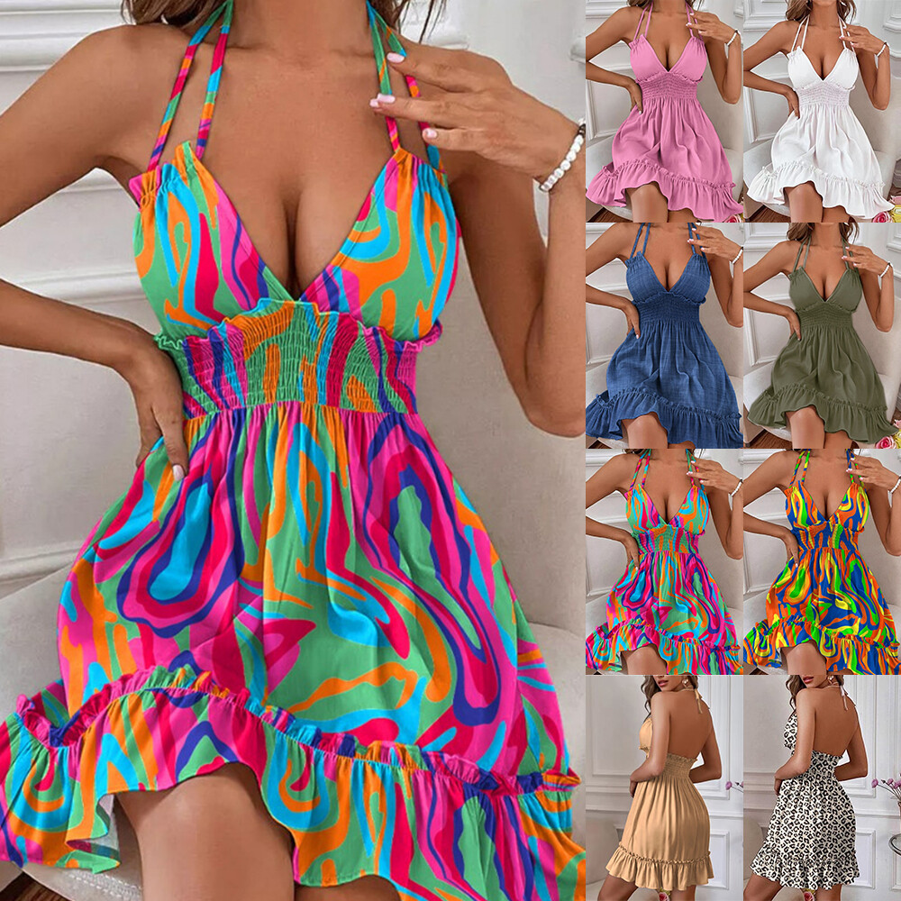 Women’s V-Neck Ruffles Strappys Midi Dress Ladies Summer Holiday Casual Sundress