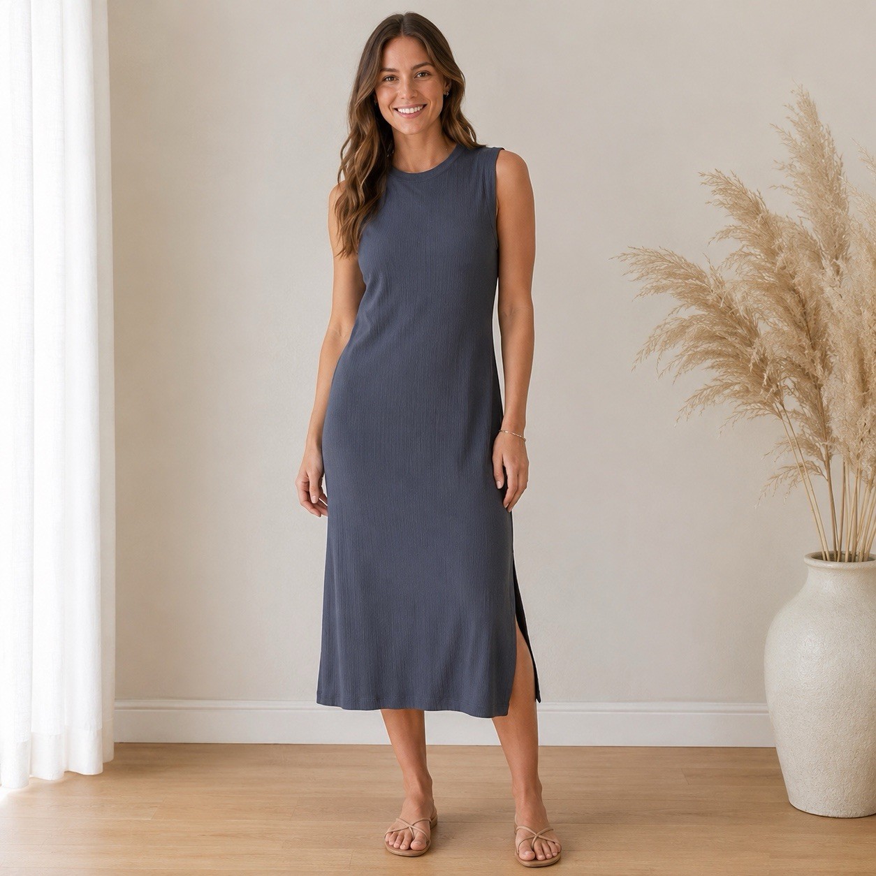 Haven Well Within Ribbed Midi Dress Womens M Gray Sleeveless Stretch Side Slit