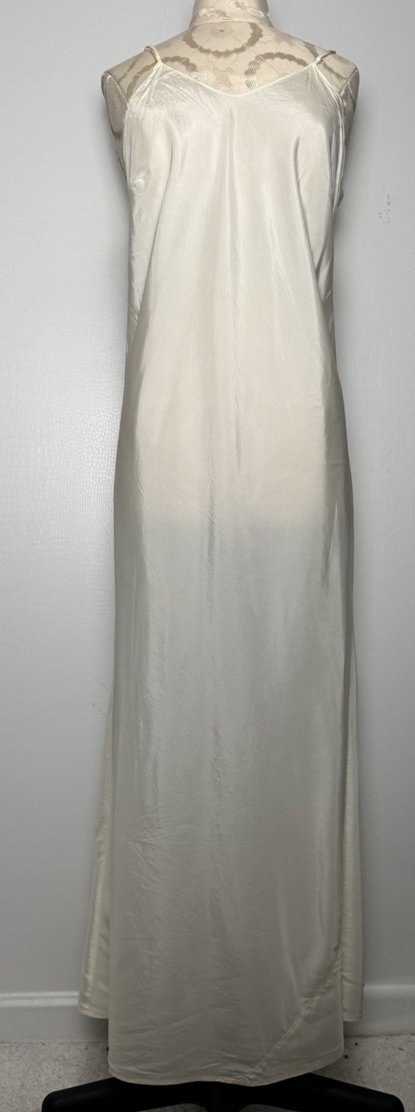 Vtg Ivory Satin Slip Maxi Dress S/M Semi-Sheer Godet Hem Adjustable Straps