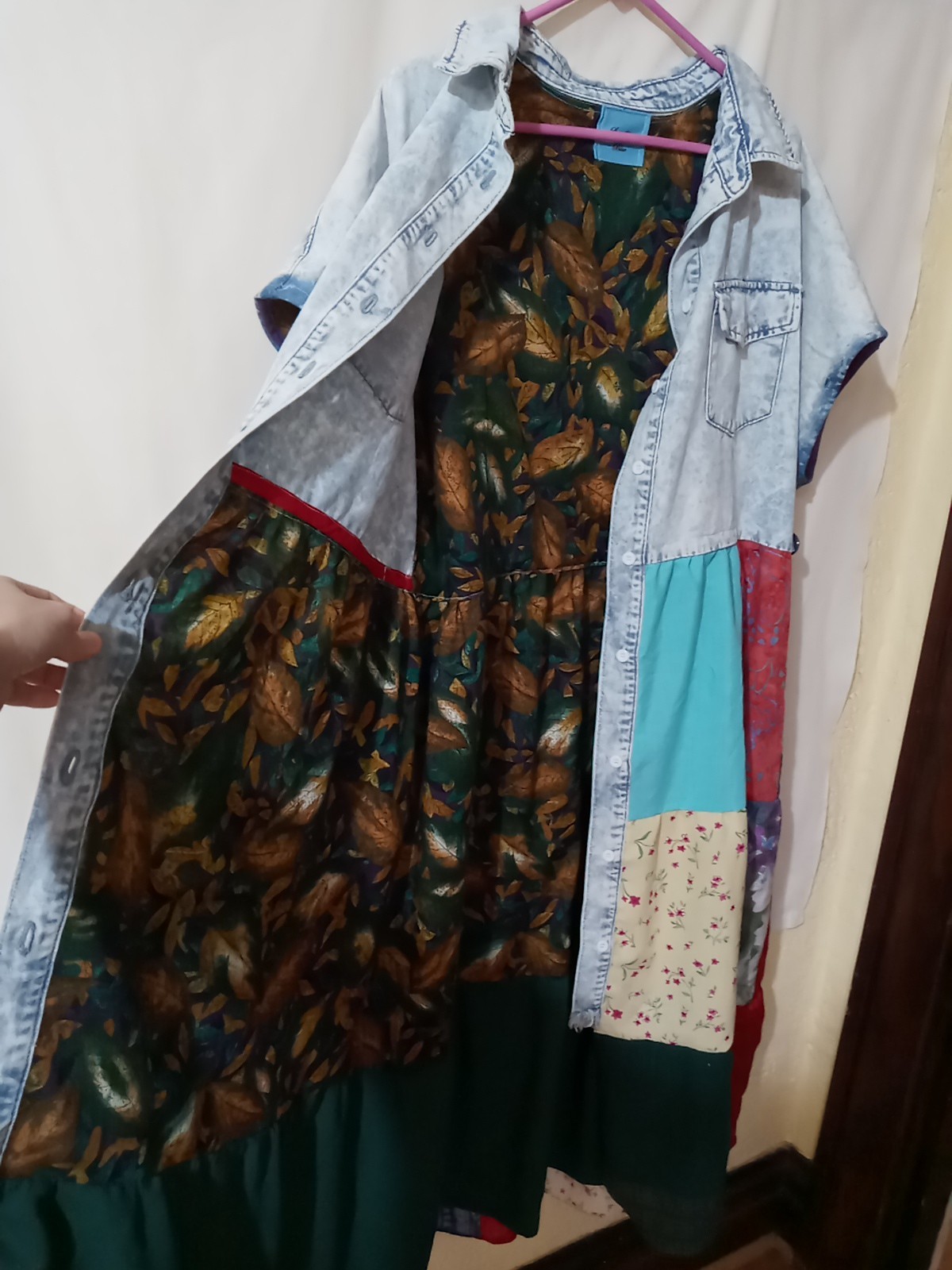 Rainbow Dragon upcycled dress patchwork OOAK 1XL- 2XL (chest 52″) cross-stitch