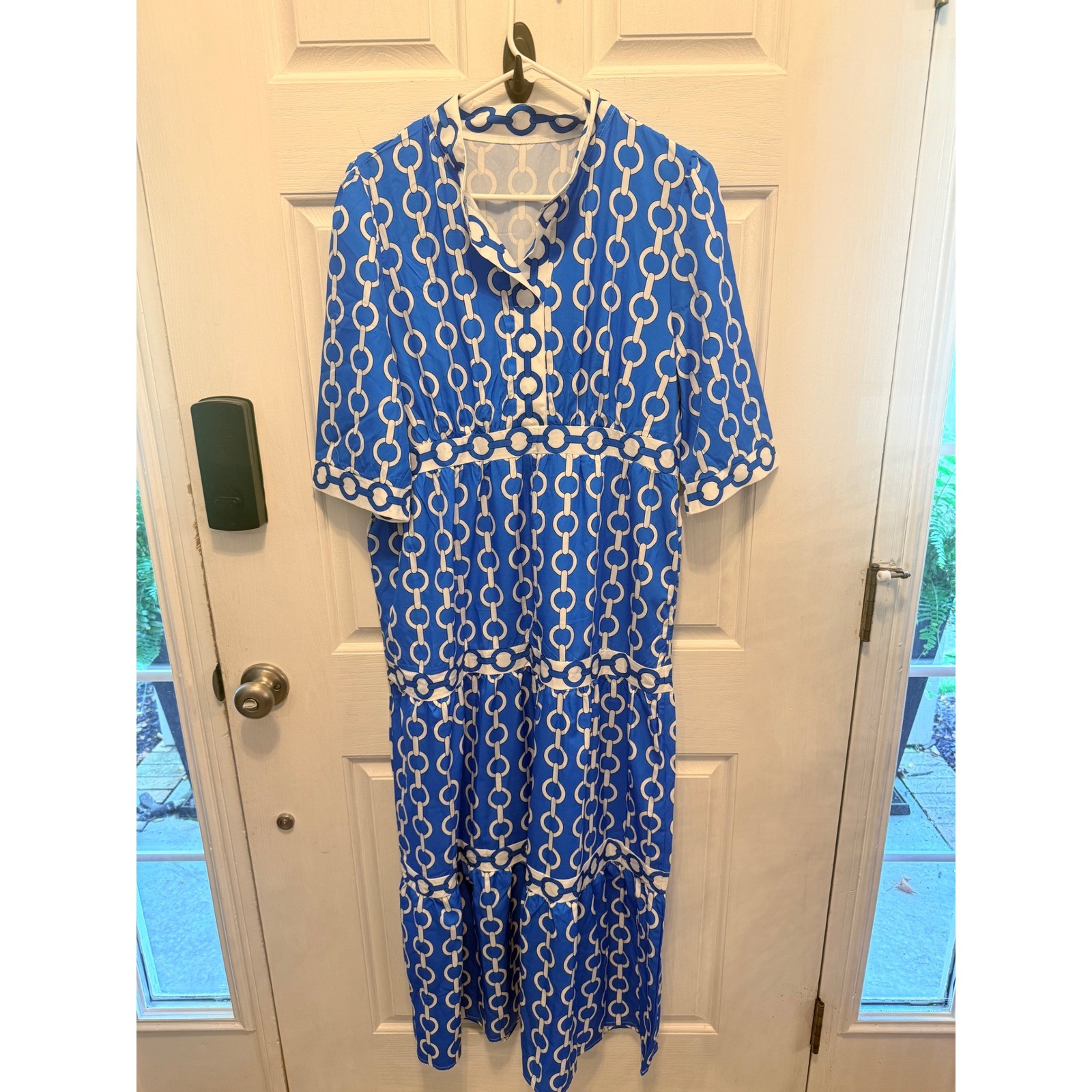 Blue White Chain Link Print Tiered Maxi Dress XL Collared Short Sleeve Geometric