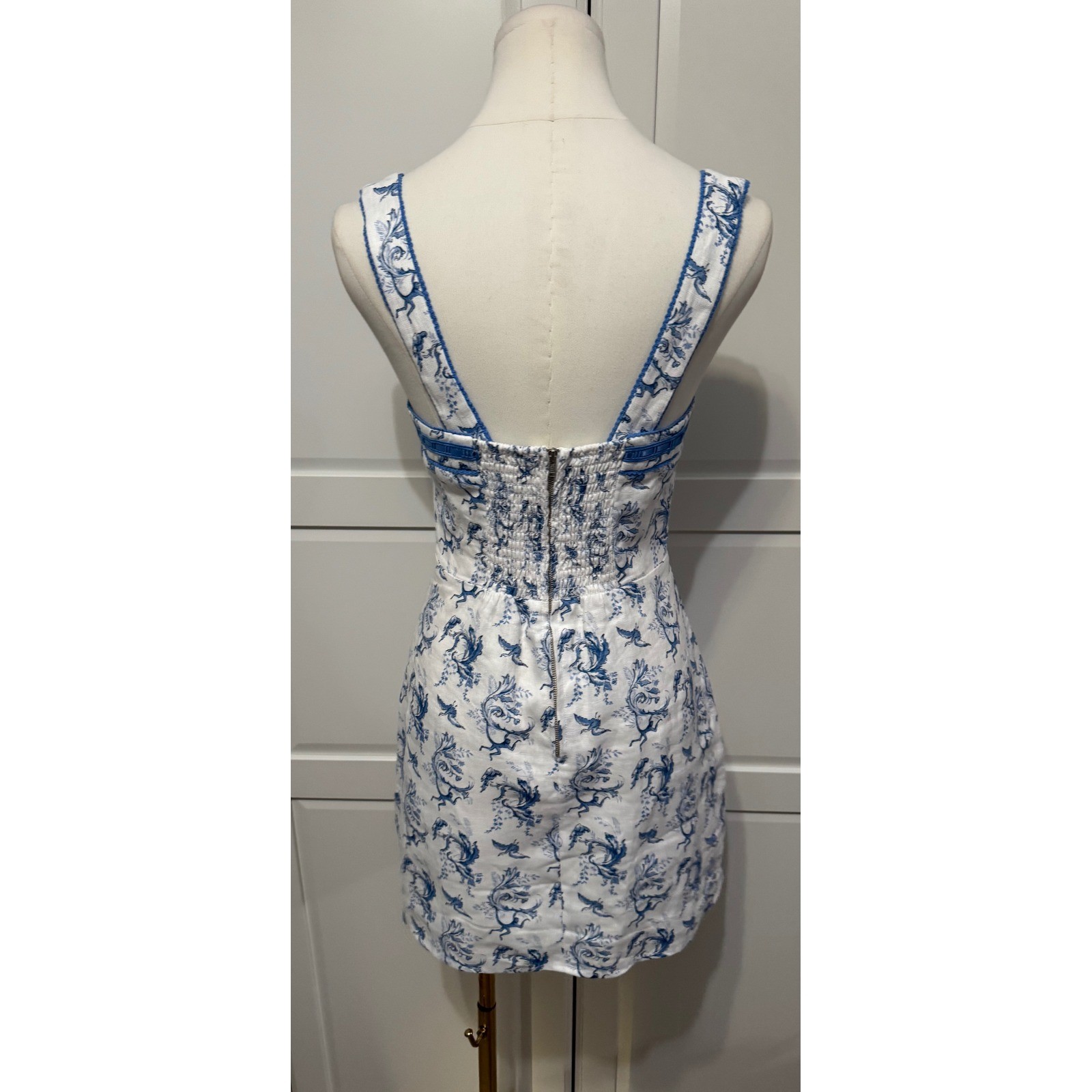 Reformation Elana Linen Dragon Toile Mini Dress Blue White Velvet Trim Size 4