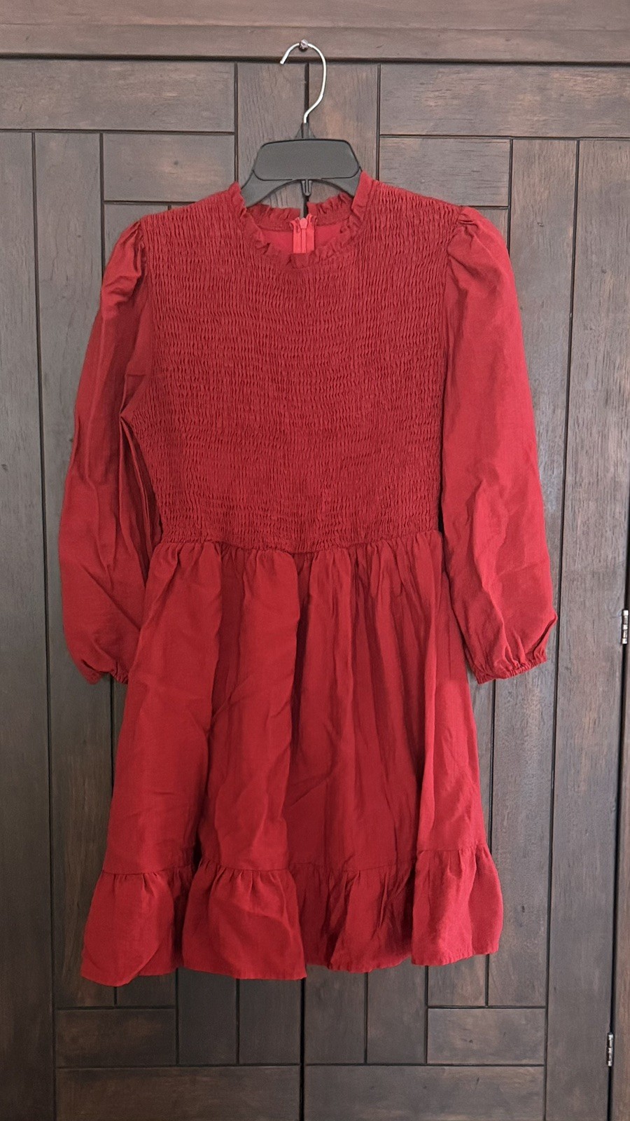 Red Smocked High Neck Puff Sleeve A-Line Knee Length Dress M 100% Polyester