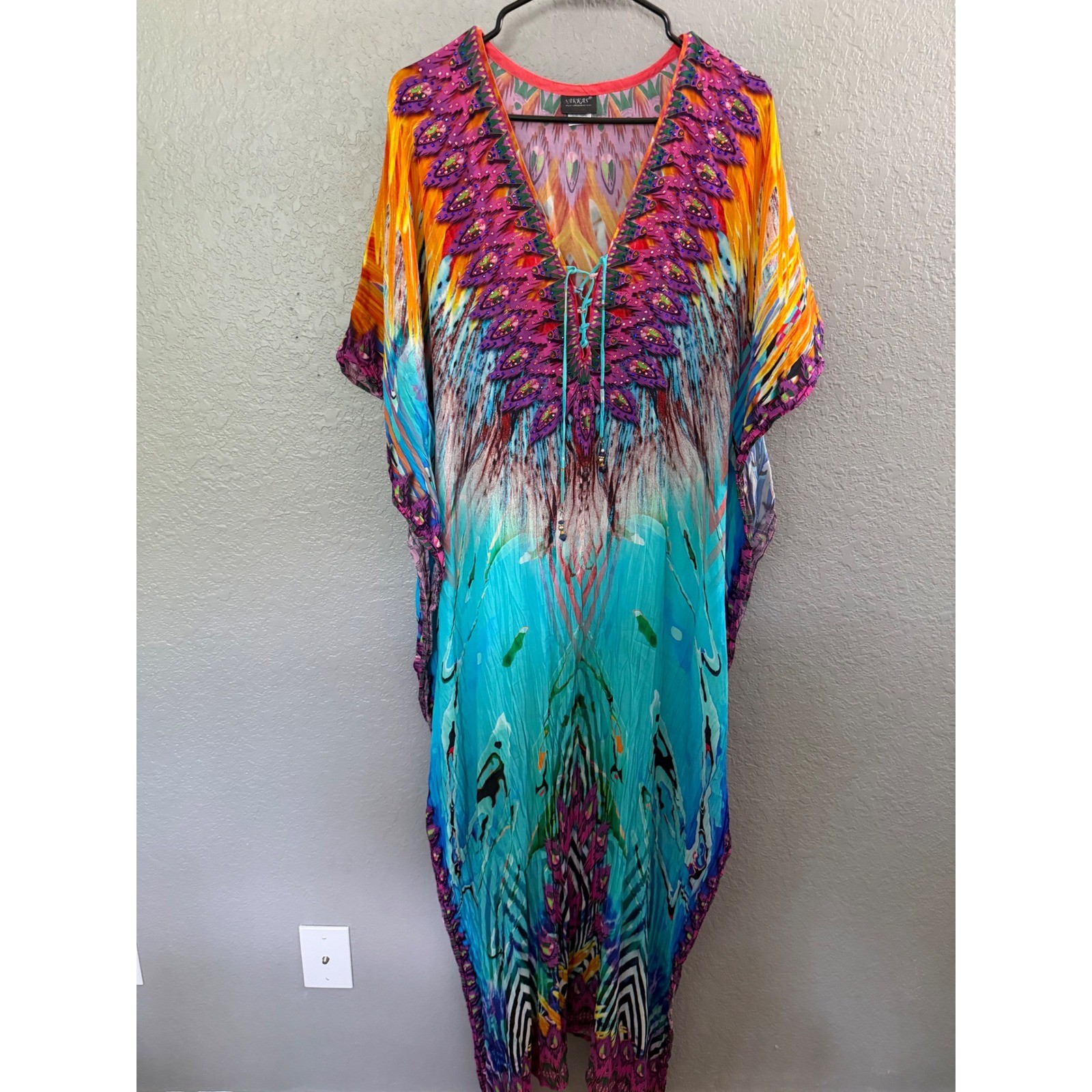 Sakkas Beaded Kaftan Maxi Dress Turquoise Purple Multi Bright OS Vibrant