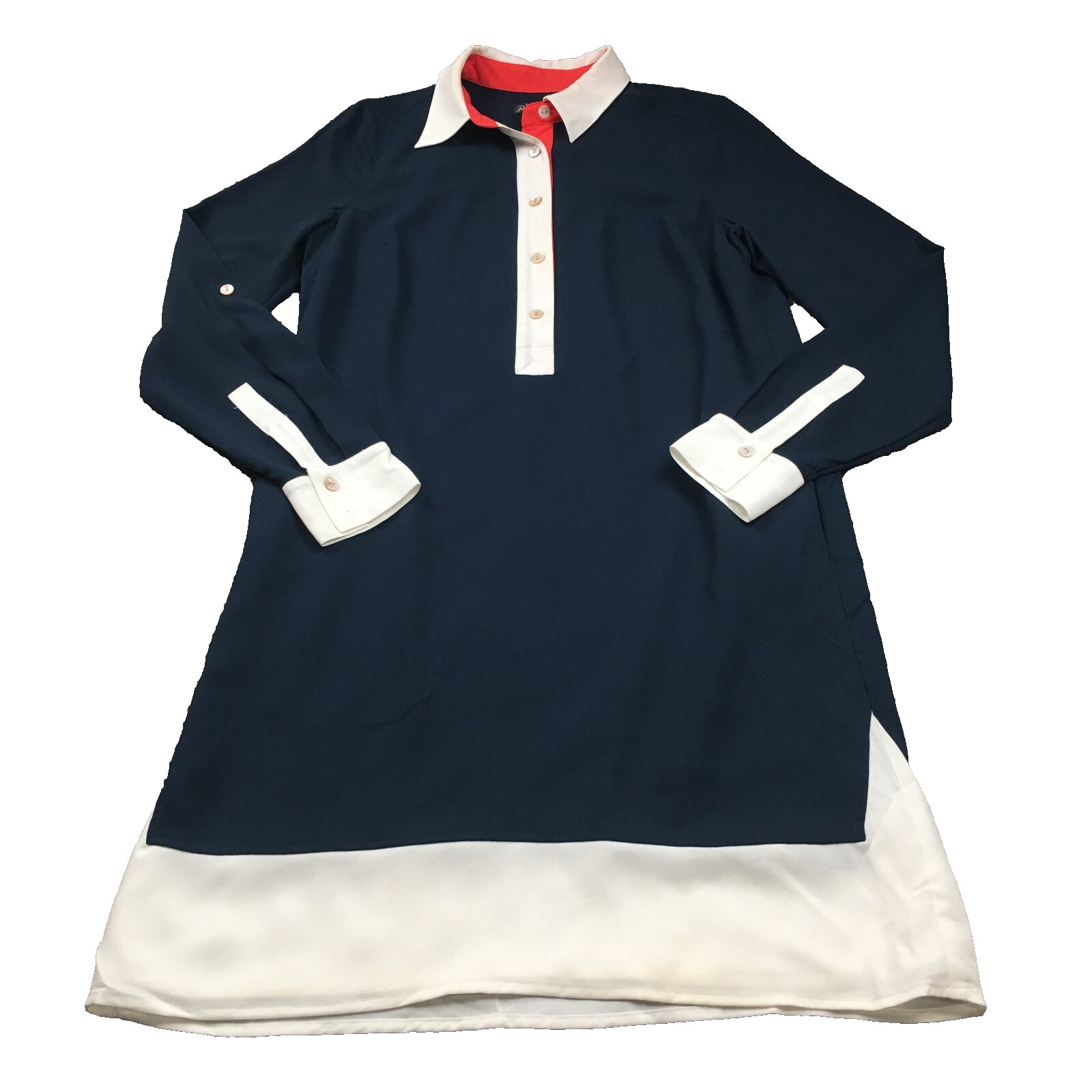 Adrianna Pappell Womens Dress Sz 4 Navy White Trim Gold Buttons Roll Tab Sleeve