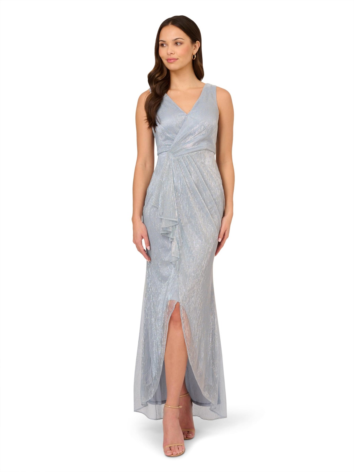 Adrianna Papell Women’s Metallic Mesh Cascade High Low Sequin Gown Sky Blue 16