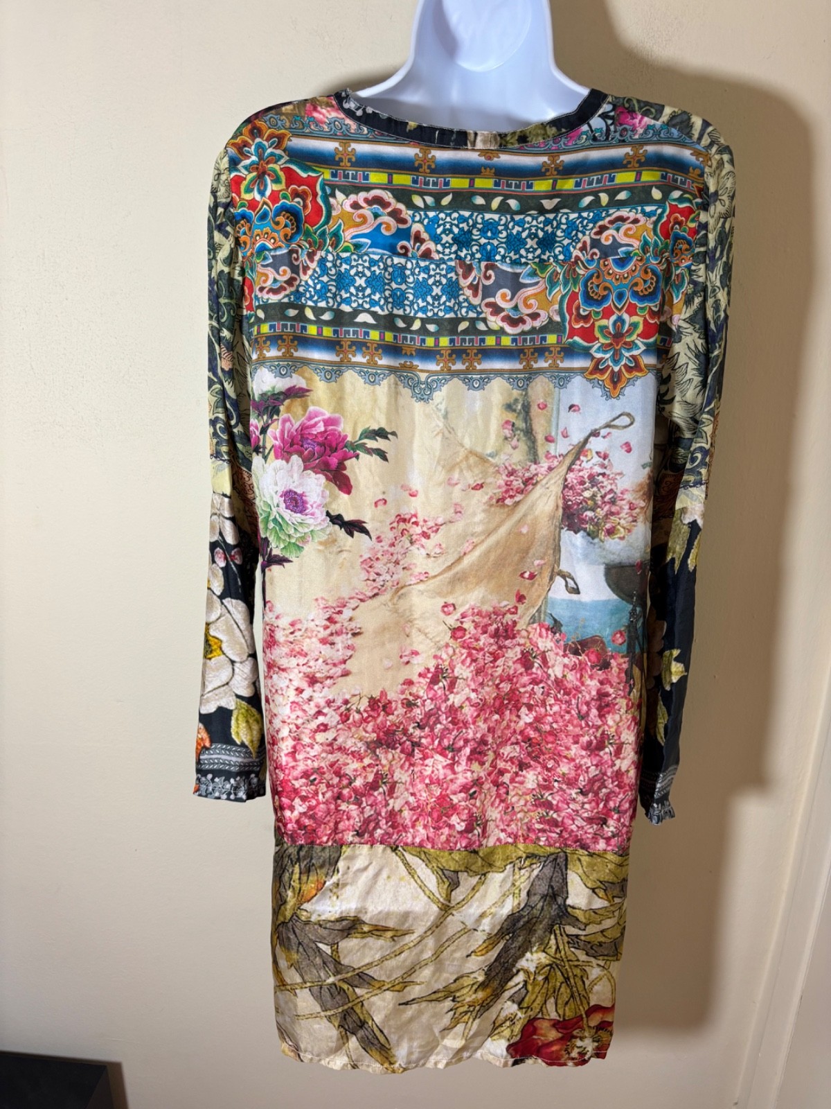 JOHNNY WAS Silk FLORAL PATCHWORK Art to Wear LAGENLOOK Boho TUNIC MINI Dress PS
