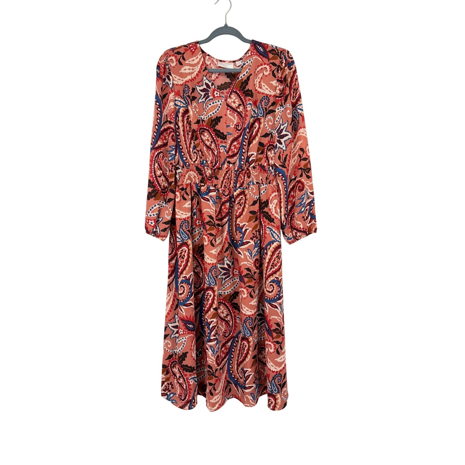 Belle Boho Kim Gravel Midi Dress Women LP Pink Paisley Smocked Waist Long Sleeve