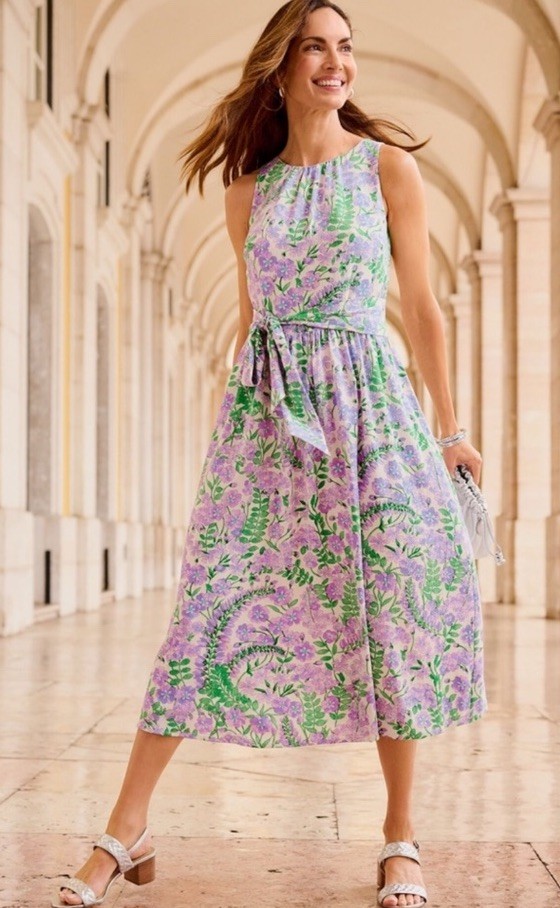 NWT Talbots Purple Green White Floral Waist Tie Fit & Flare Maxi Dress Sz 24W