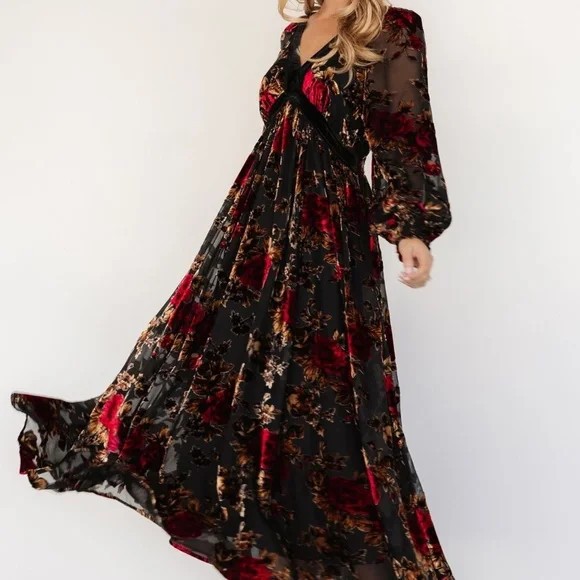 Baltic Born Adele Velvet Goth Burnout Maxi Floral Red Black Boho Dress In Bloom