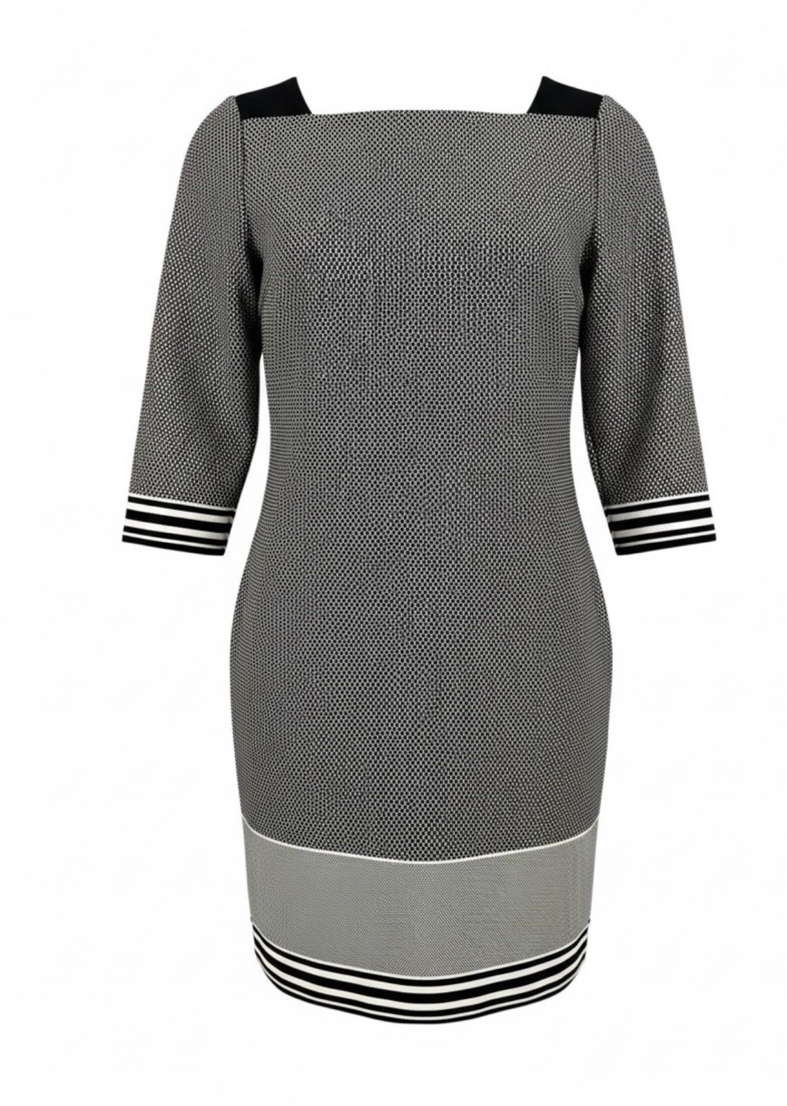 Ann Taylor Square Neck Dress Womens Black Tan Geometric 3/4 Sleeve Petite Size 2