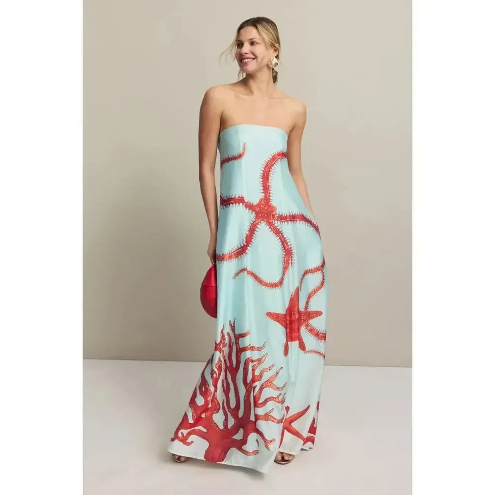 MUMA WORLD Blue Red Starfish Print Sleeveless Ursa Maxi Dress Size L
