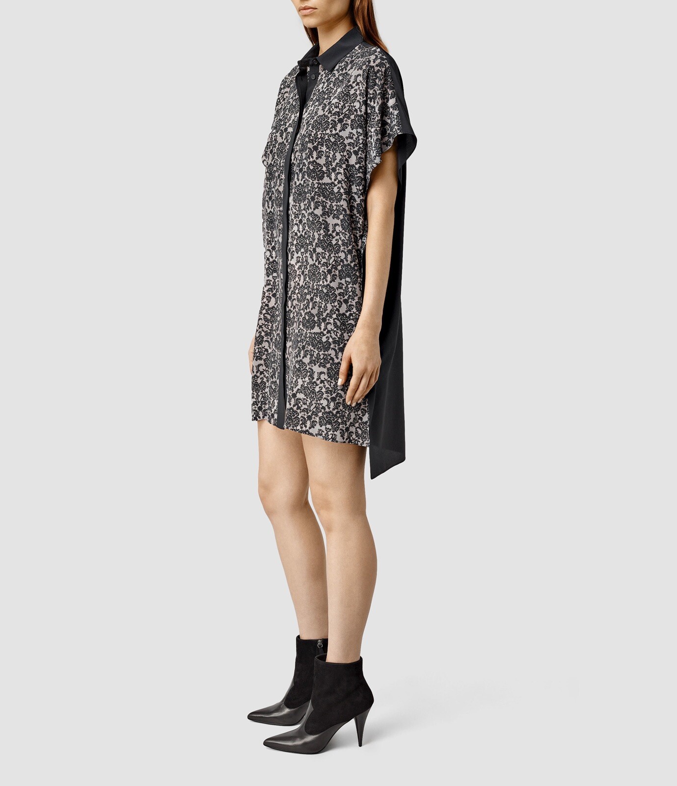 AllSaints Thea Mercury Shirt Dress Size 0 100% Silk Short Sleeve Button Down