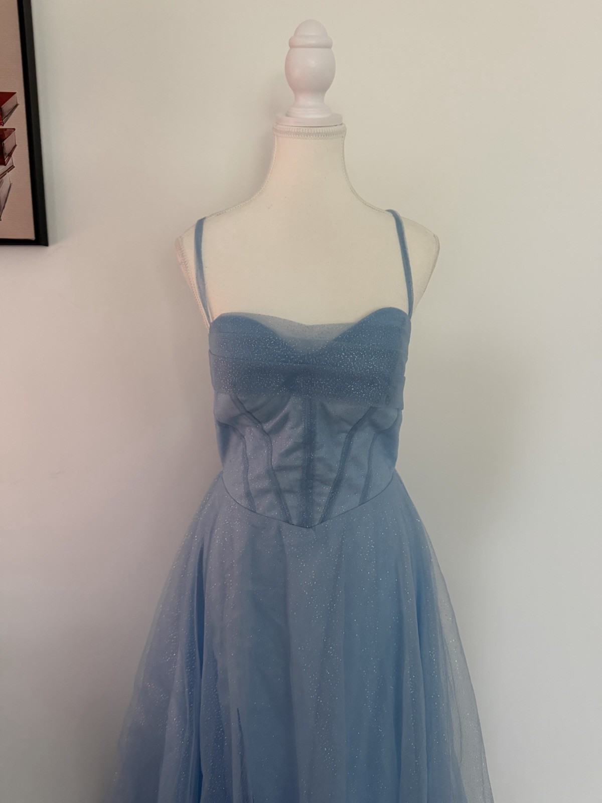Blue Solid Glitter Tulle Long Formal A-Line Dress Corset Lace-Up Back M