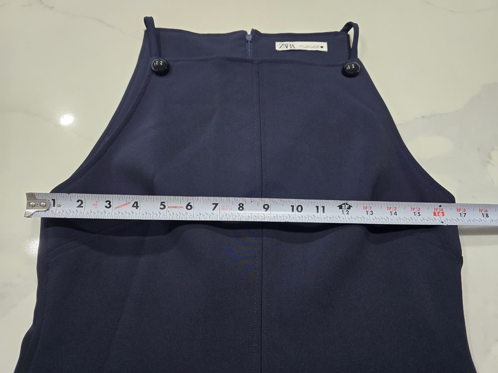 Zara Dark Navy Blue Mini Dress L Button Strap Detail Square Neck Shift AS IS