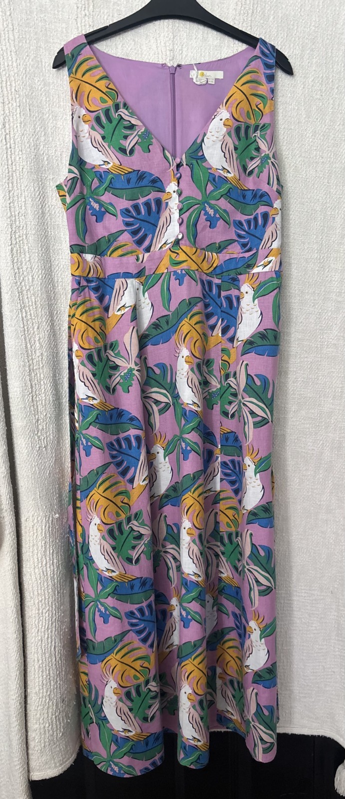 Boden purple green white linen sleeveless maxi v-neck bird parakeet palm tree 12