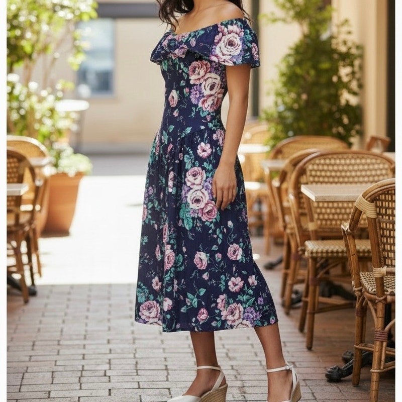 Elisse Vintage 80’s Floral Off The Shoulder Midi Dress Women’s 11 / 12 Blue Pink