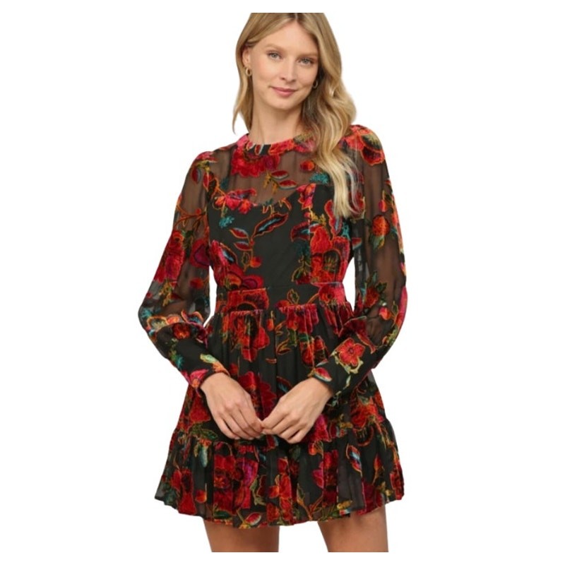 Fate Womens Large Floral Velvet Mini Dress Sheer Romantic Cottagecore