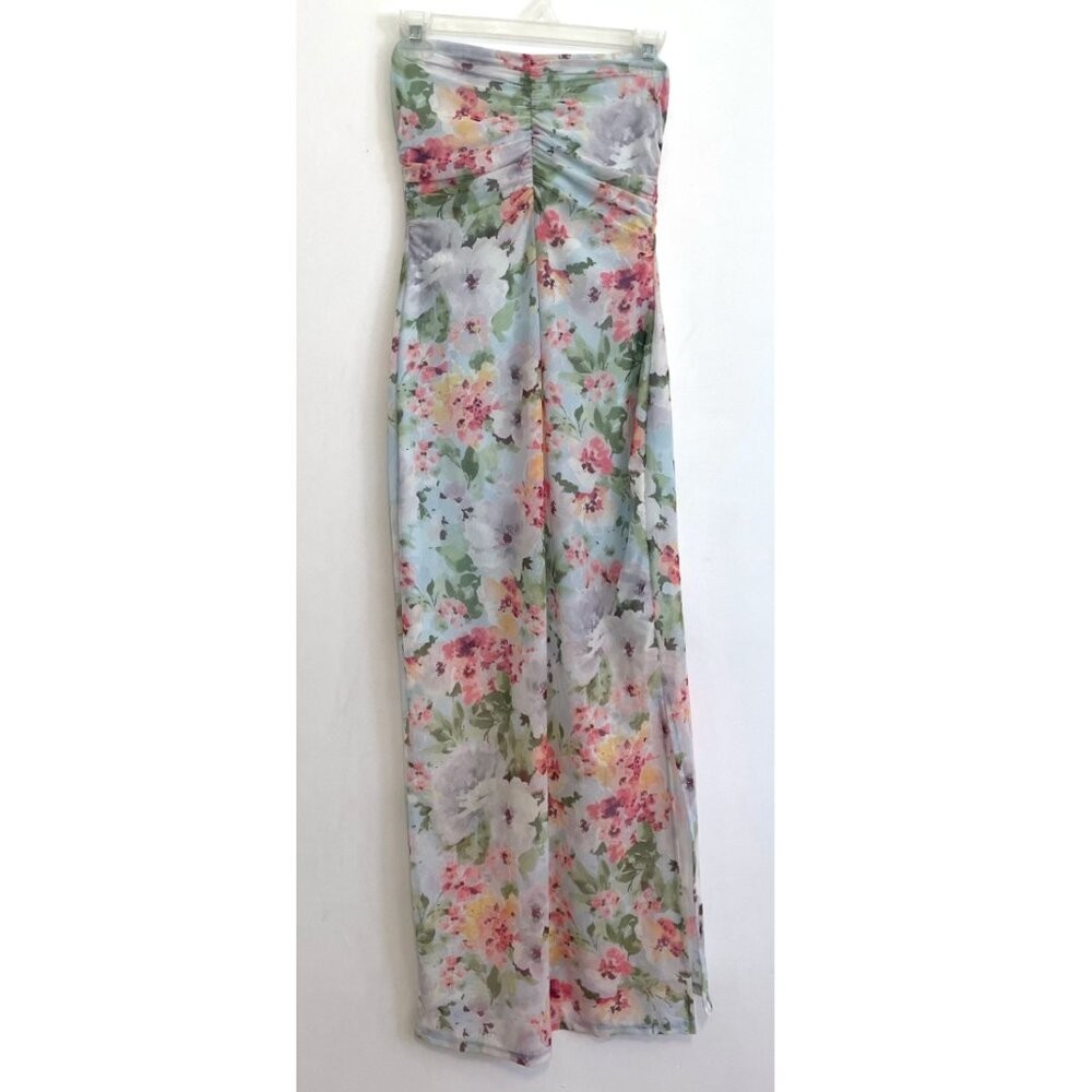 HAUTE MONDE Blue Pink Floral Semi Sheer Mesh Strapless Midi Dress ? w Slit Large