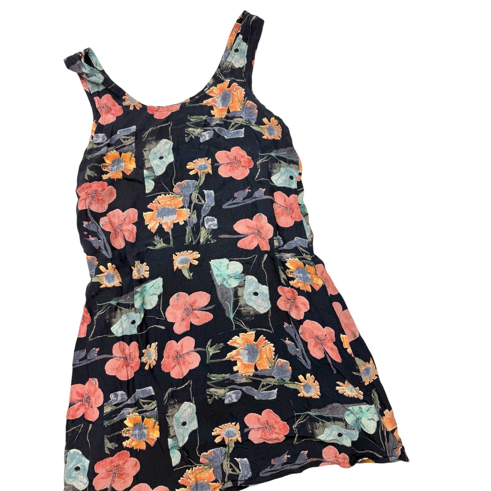 Vintage Y2K Floral Rayon Sleeveless Shift Dress Navy Blue Small