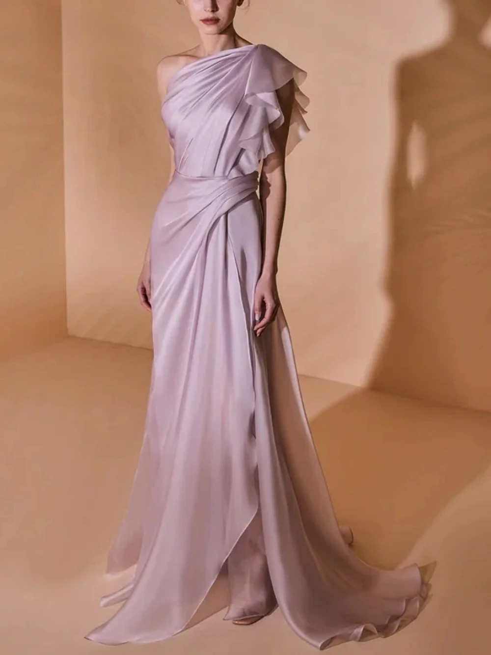 Purple One Shoulder Mermaid Evening Dress with Folded Layered Ball Dress