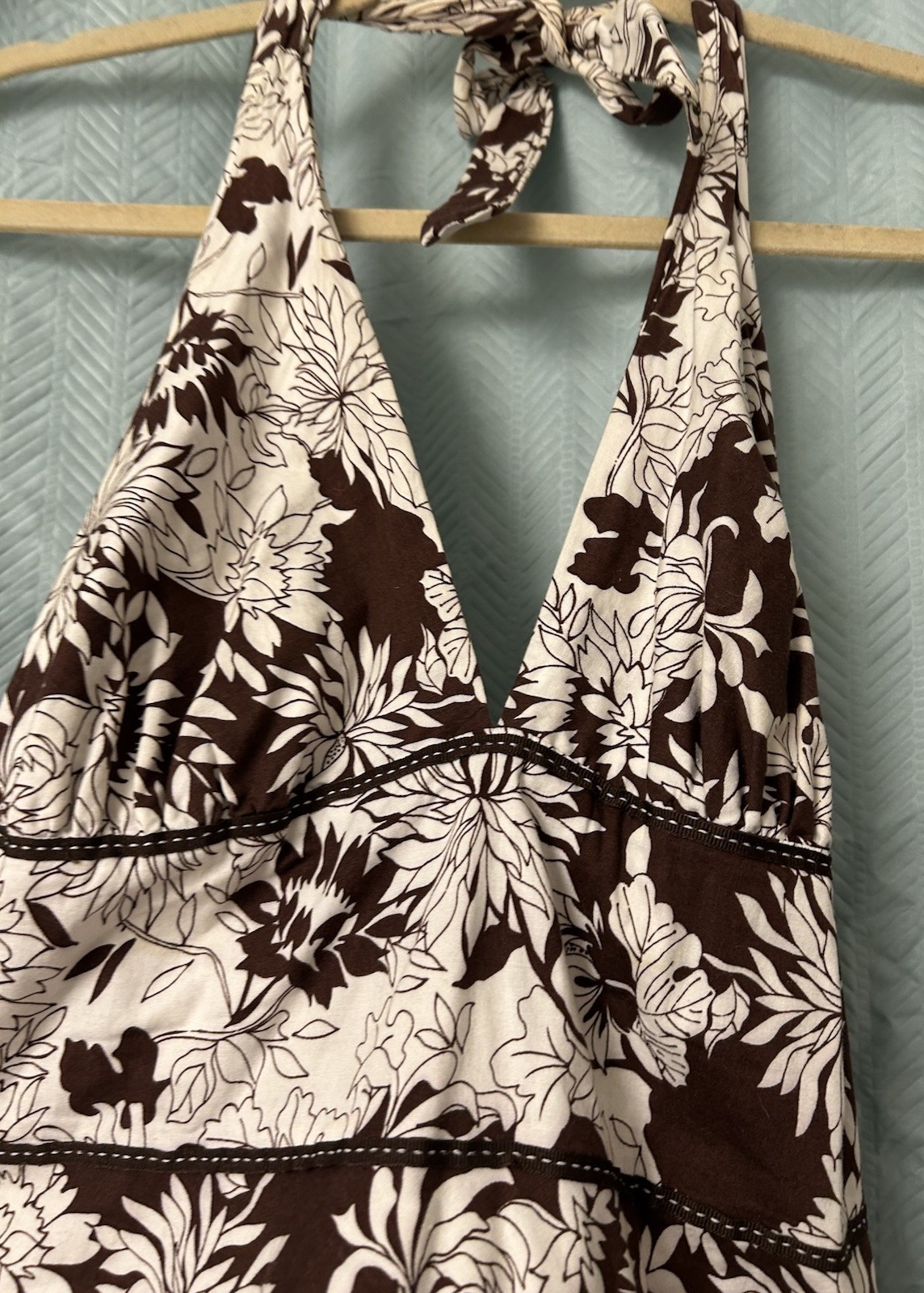 LAPIS FLORAL Halter Dress Brown White Floral 97% Cotton 3% Spandex L