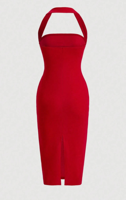 RED Solid Rushed Halter Neck Backless Bodycon Pencil Skirt Midi Dress