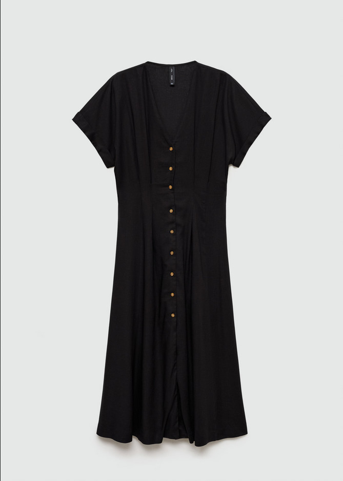 NWT MANGO MNG $90 BLACK LINEN BLEND BUTTON FRONT A-LINE DRESS SZ M US 6