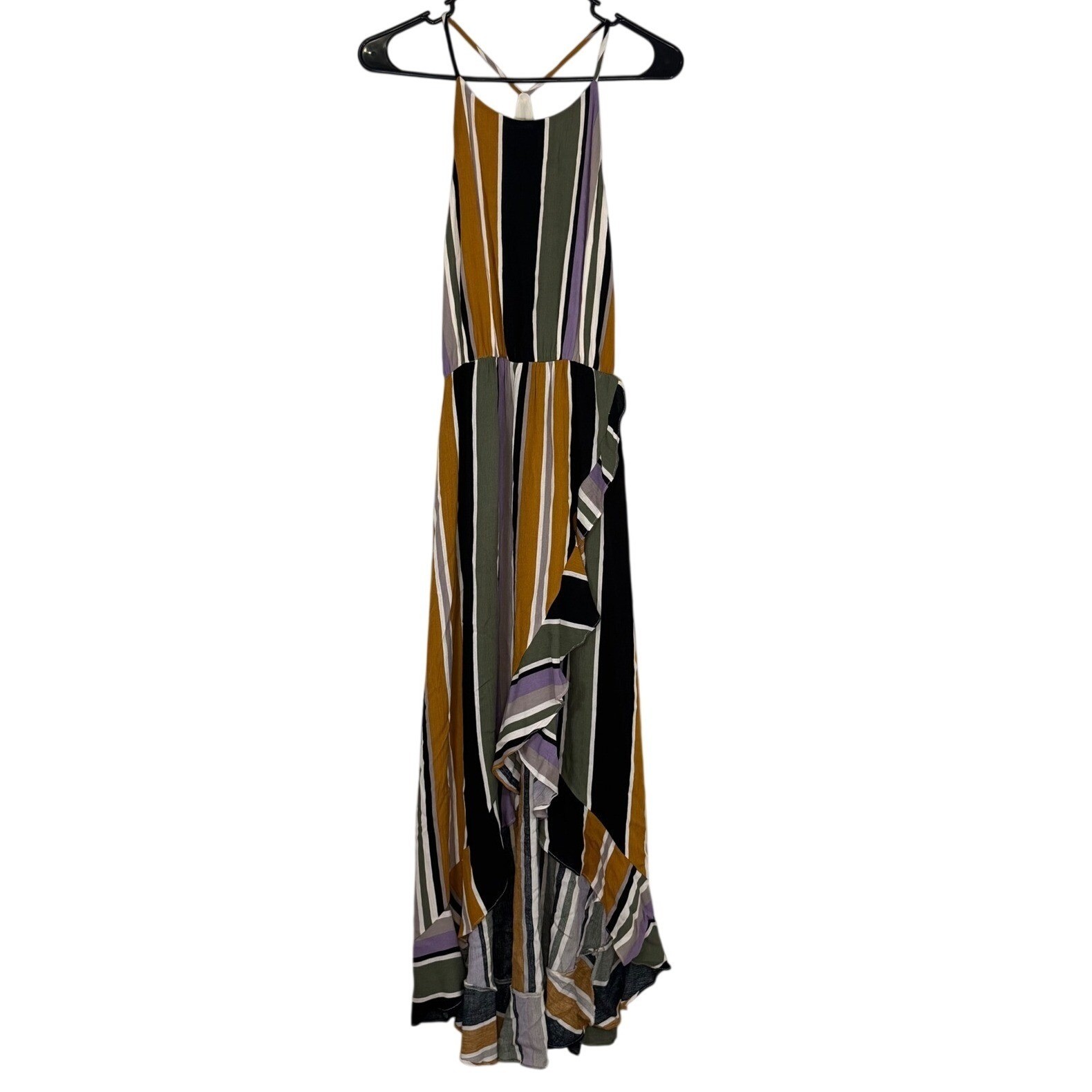 Soprano Mustard Green Black Striped Faux Wrap Sleeveless Hi-Low Maxi Dress Small
