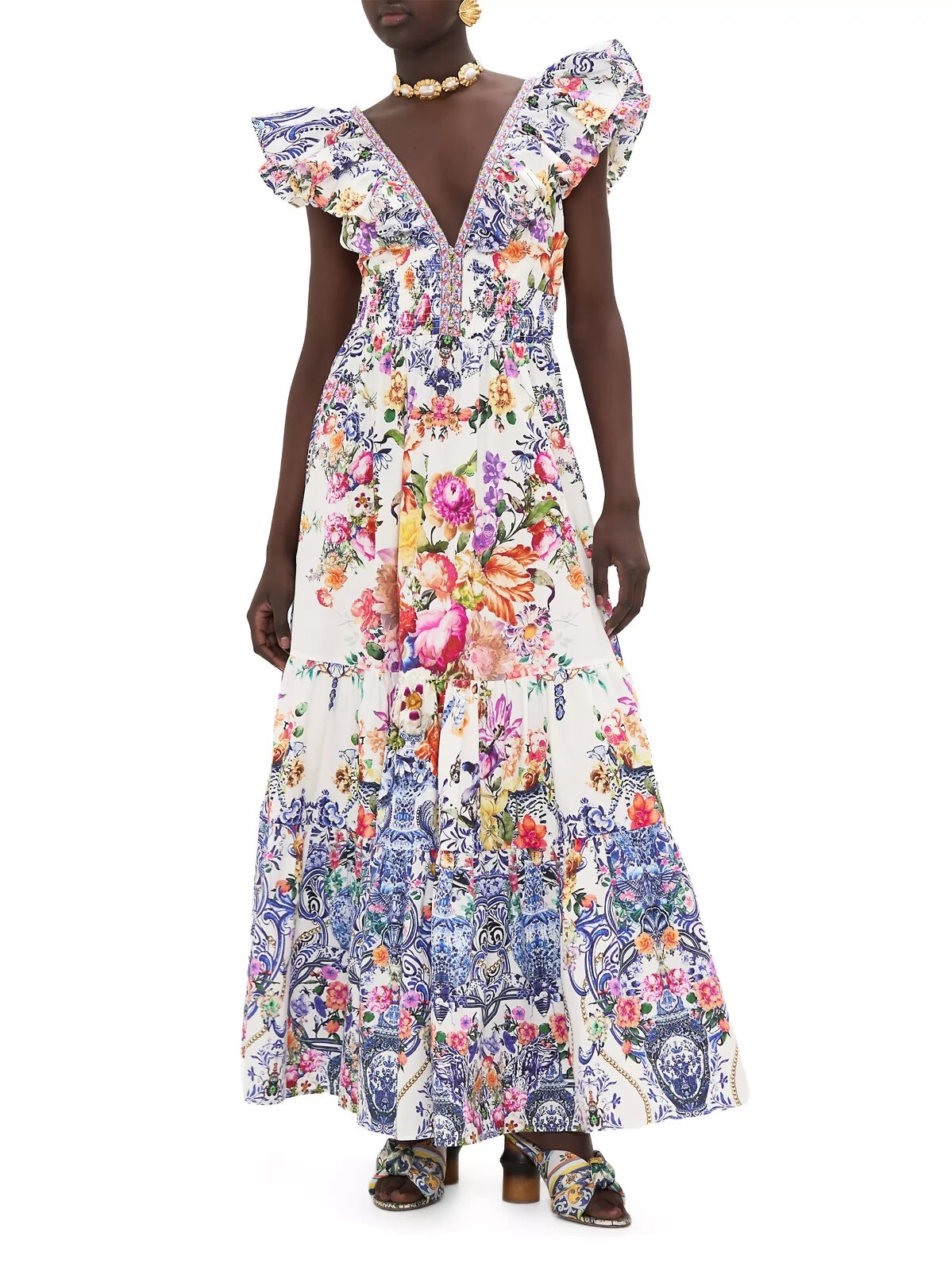 CAMILLA “Dutch Is Life” Tiered Frill Cotton V-Neck Open Back Maxi Dress, L $899