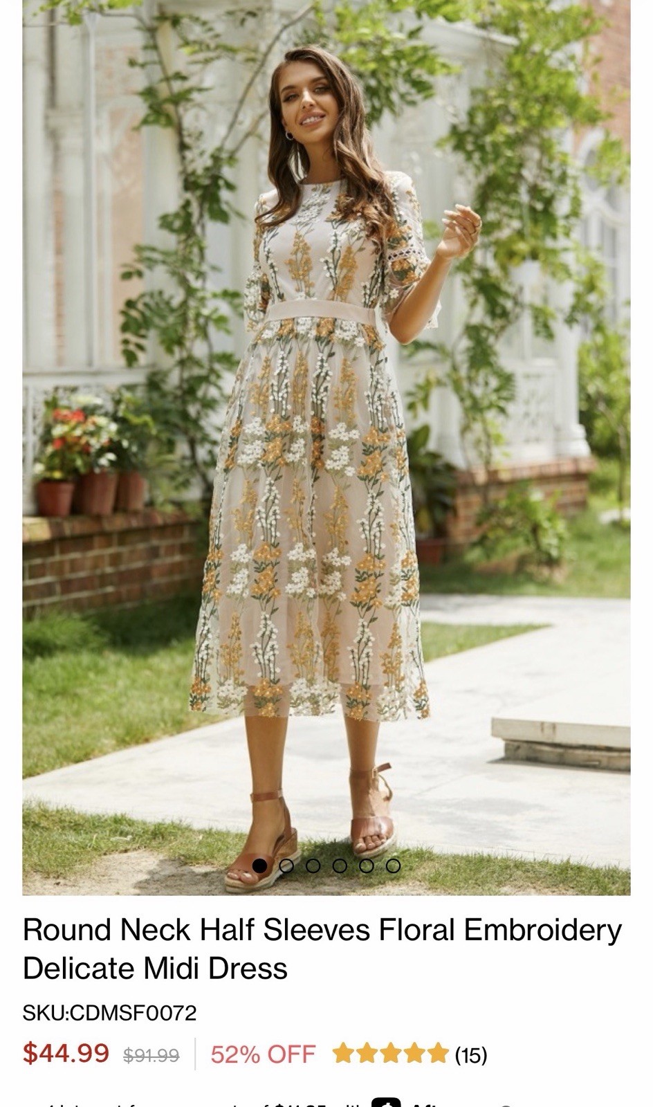 White Gold Green Floral Lace Midi Dress Round Neck Half Sleeve Zip Size M