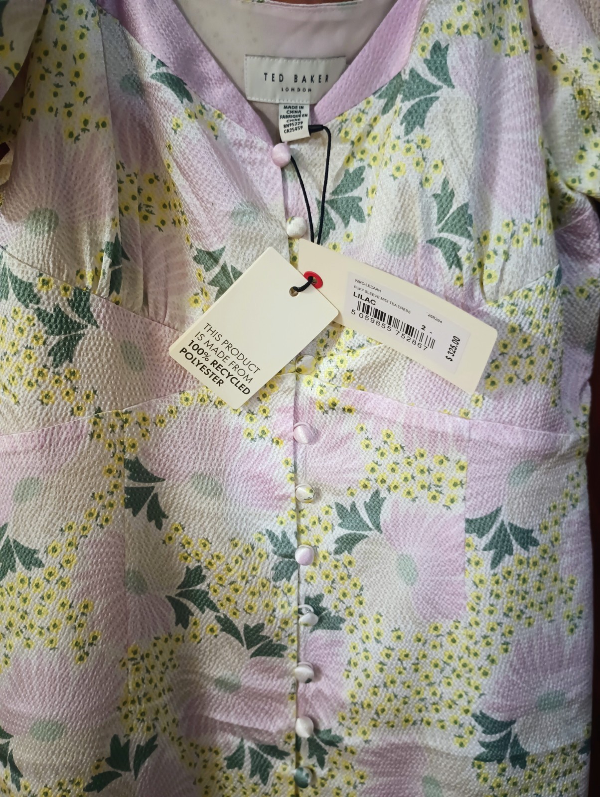 Mother’s Day Ted Baker Summer Ledaah Puff Sleeve Midi Lilac Tea Dress NWT Womens