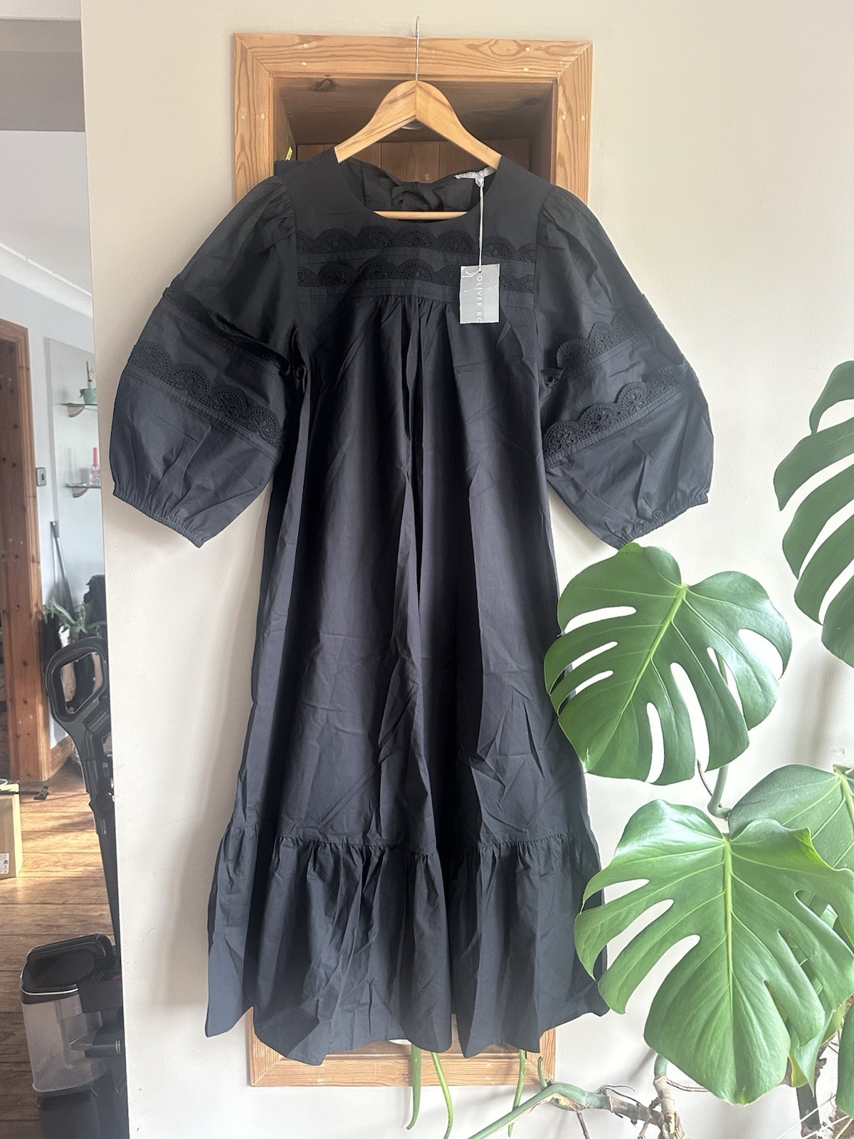 BNWT Oliver Bonas Black Tie Back Poplin Cotton Midi Dress Broderie Lace UK 10 38