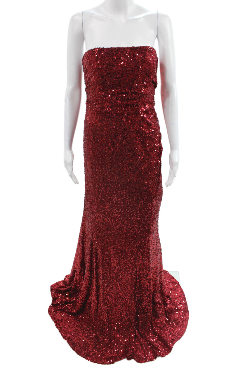 Badgley Mischka Women Red Sequin Mermaid Gown Sweetheart Neckline Long Size 4