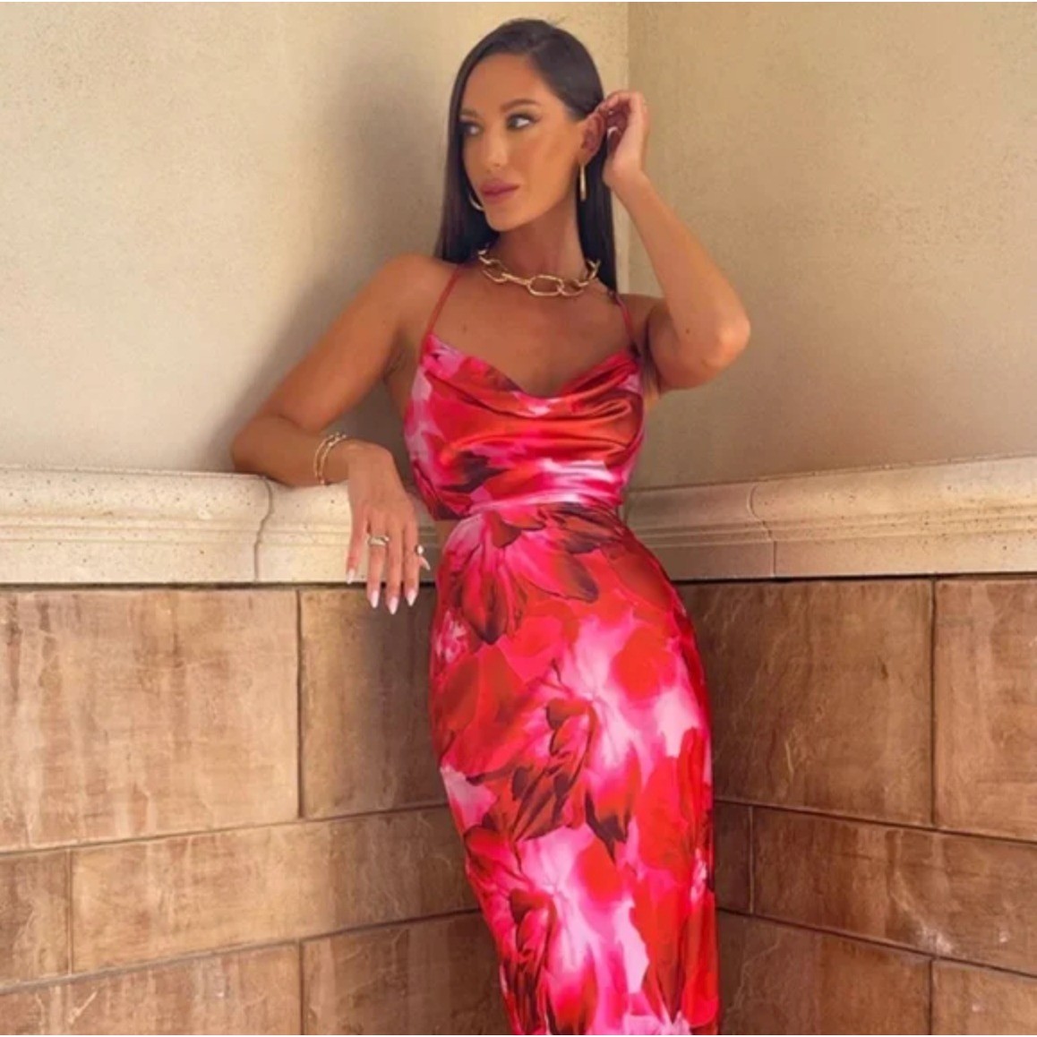 Runaway Charis Calista Dress Red Pink Floral Maxi Dress Open Back Cut Out Size 8