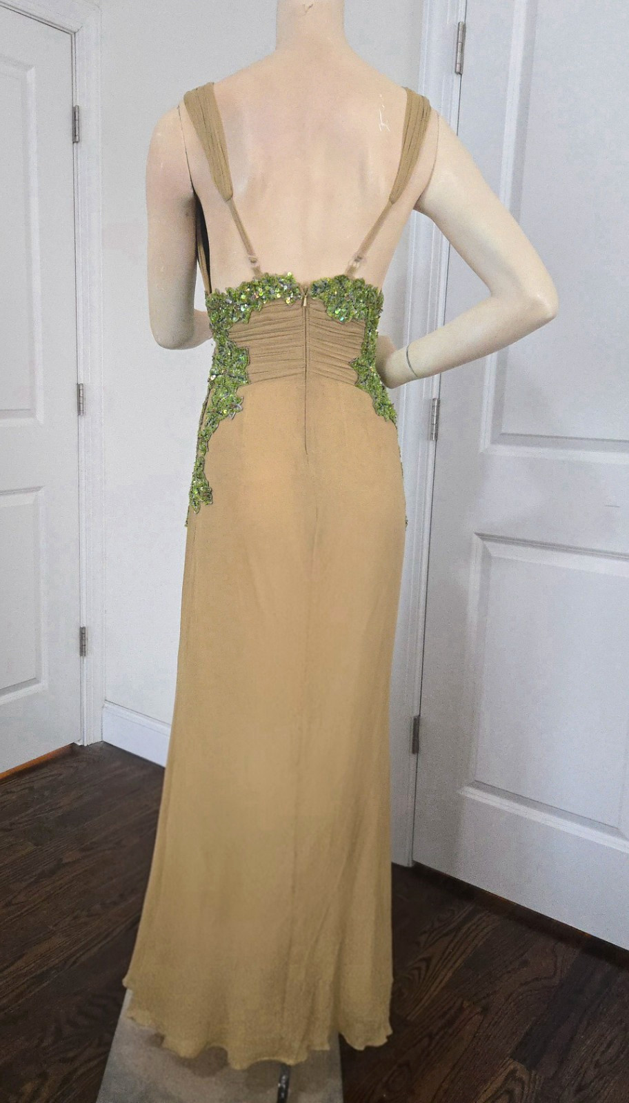 Vintage Mandalay Green Silk Beaded Sequin Y2K Plunging V Neck Evening Gown 6