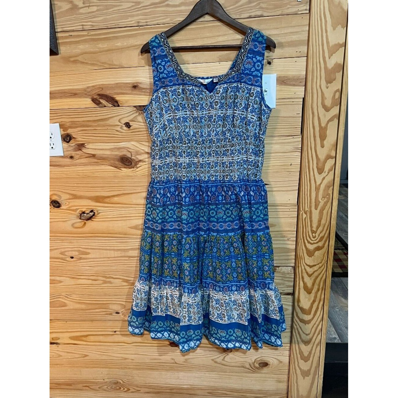 Mlle Gabrielle Blue Floral Midi Smocked Tiered Beaded Square V-Neck Dress 2X