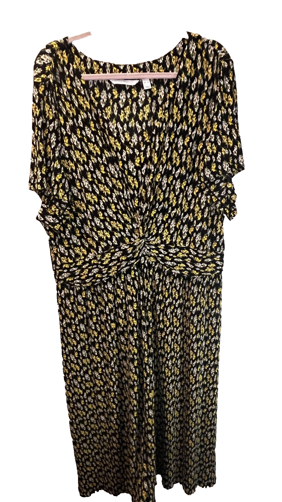 Isaac Mizrahi Live Black Floral Midi Dress Women’s XL Empire Waist Short Sleeve