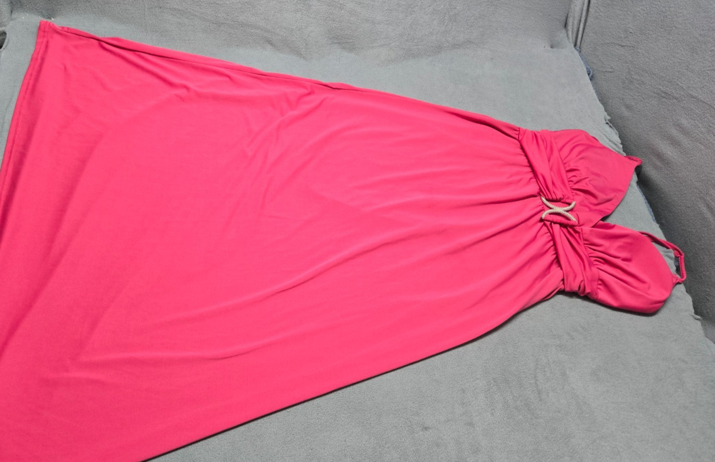 She’s Cool Dress L Elastic Waist Ankle Length V-neck Pink with Accent Piece