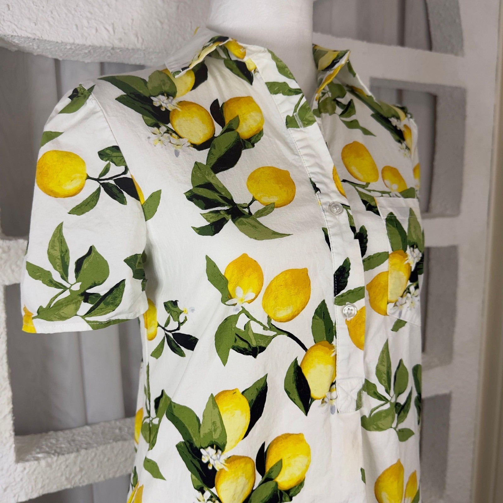 Cynthia Rowley Lemon Print Ruffle Hem Shirt Dress White Yellow Mini Small