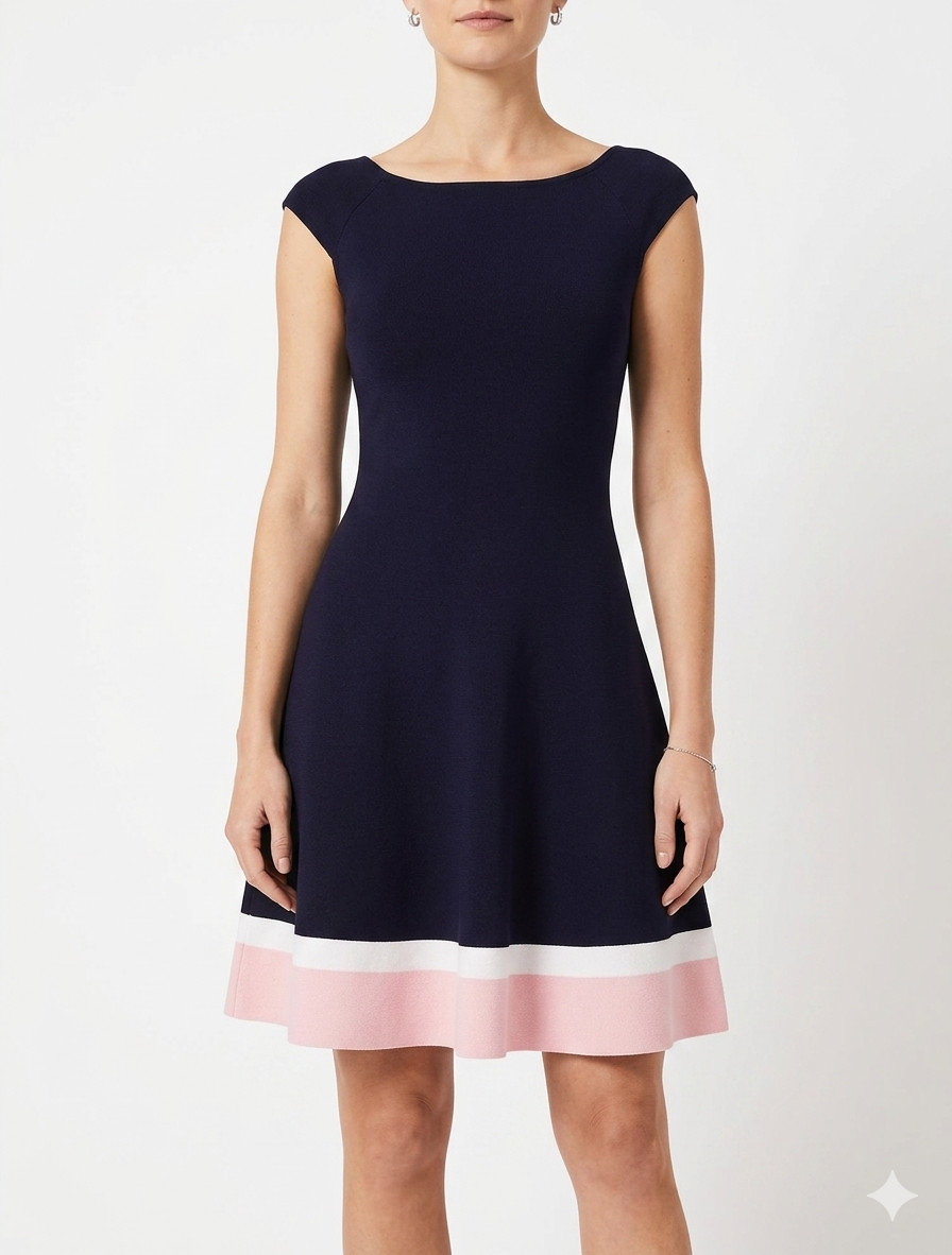 Eliza J Navy Fit and Flare Dress Women’s 0P Pink White Striped Hem Preppy Classi