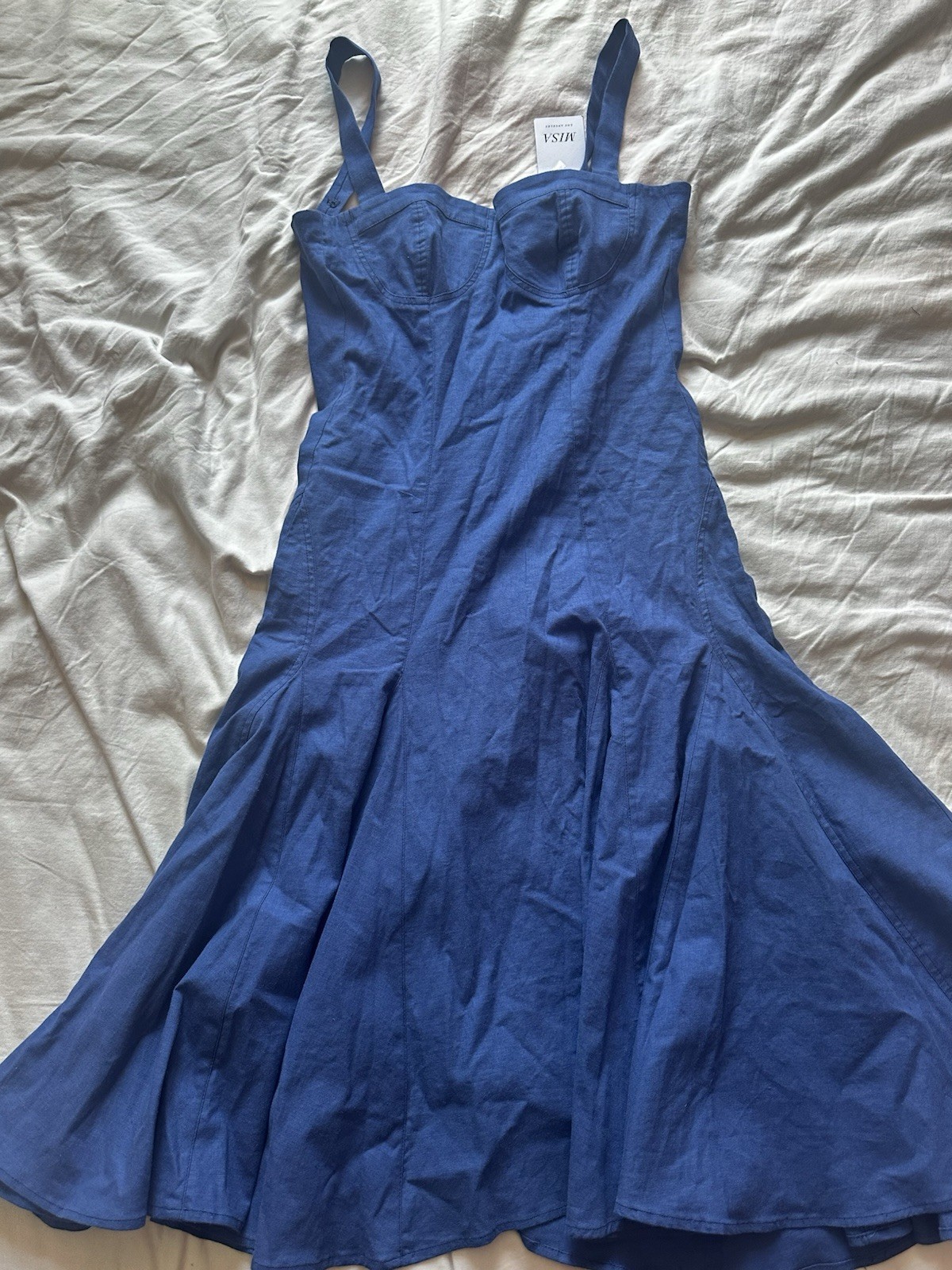 MISA Los Angeles Cherish Blue Linen Blend Bustier Midi Dress Fit Flare Size M