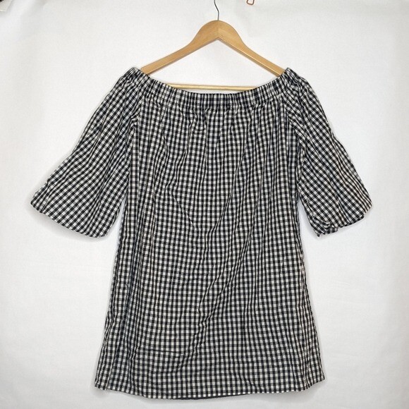 SOPRANO GINGHAM DRESS SMALL OFF SHOULDER BLACK WHITE TRAPEZE PUFF SLEEVES Spring