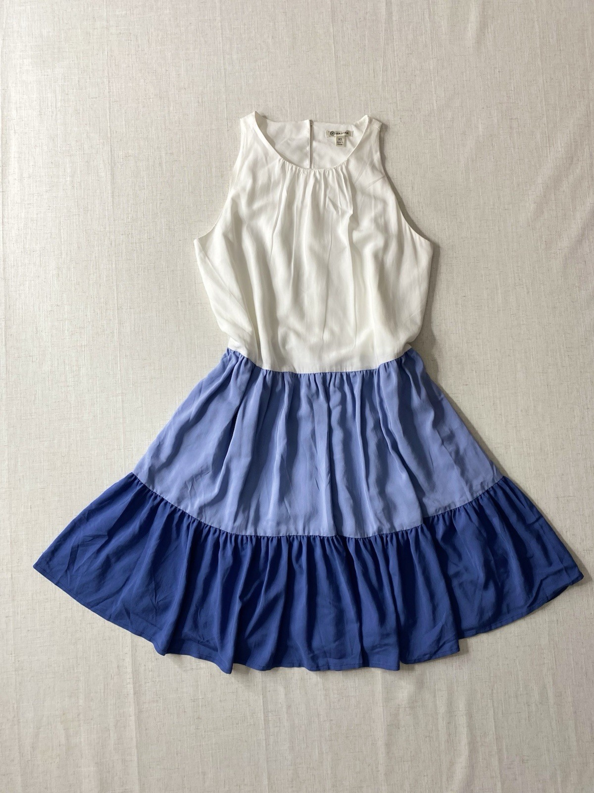 Versona Womens XS Dress White Blue Tiered Colorblock Halter Midi Flowy Pockets