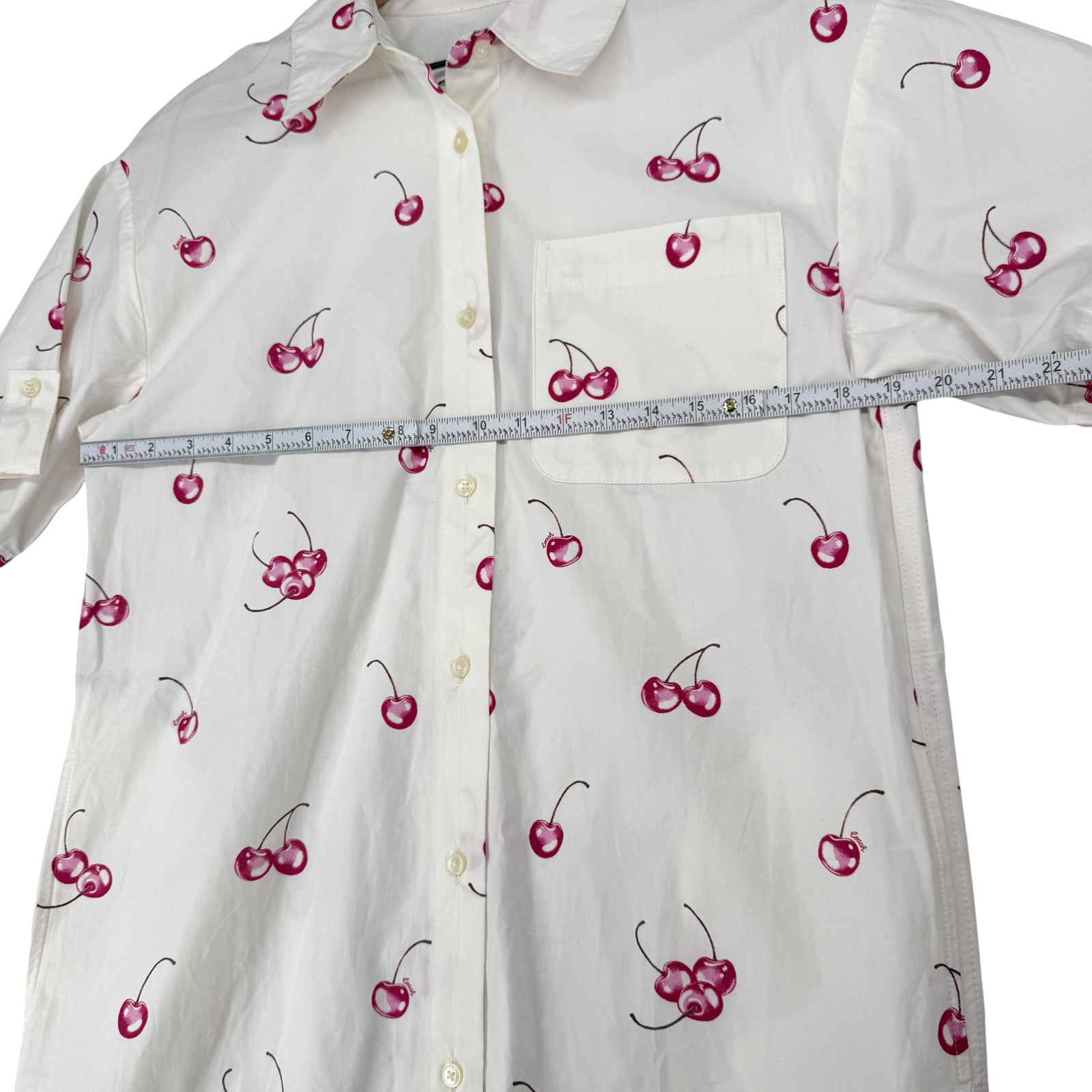 Coach Cherry Button Front Dress XS Cotton White Collared Pockets Preppy CQ848