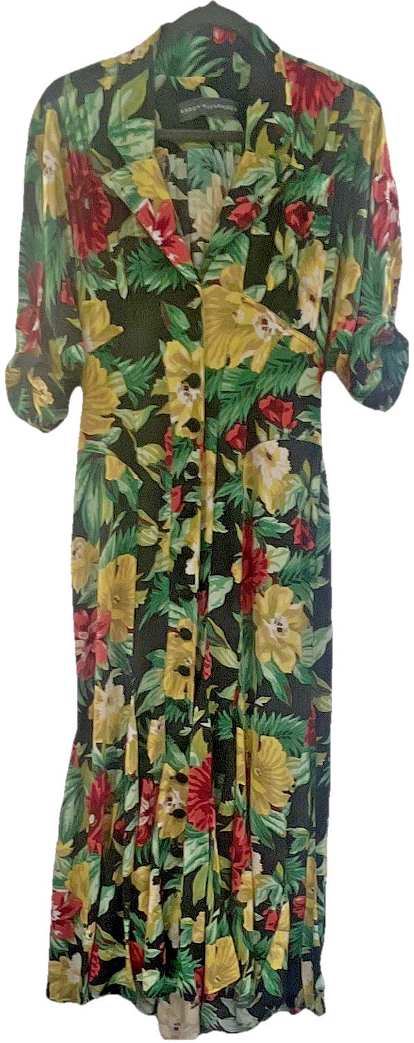 Vintage 80s Karen Alexander Dark Floral Maxi Dress 40s Button Pockets Size 6