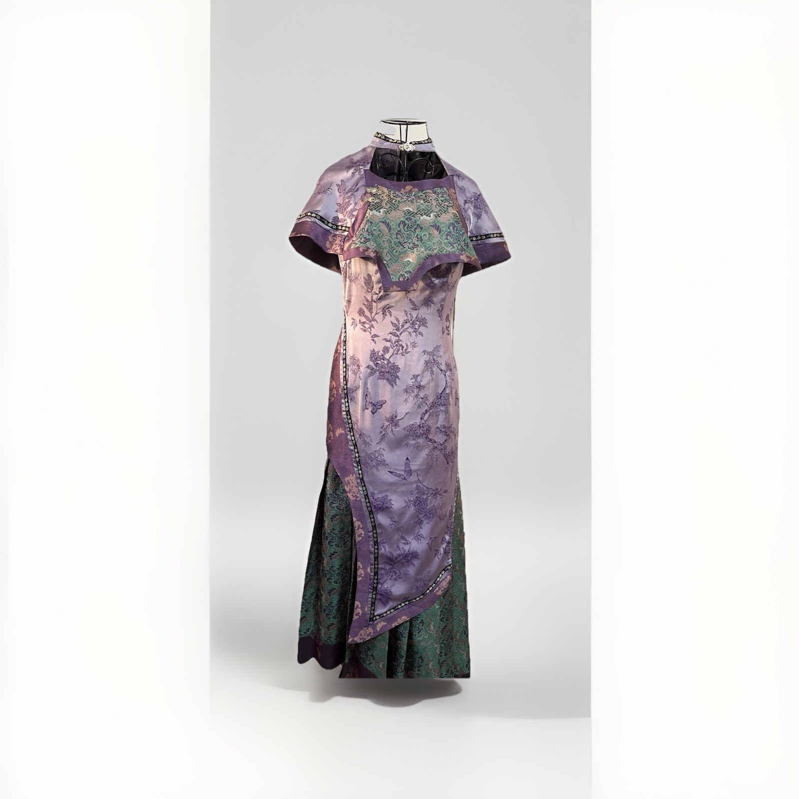 Vintage Asian Style Silk Dress Cheongsam Qipao Purple Floral Maxi Dress S
